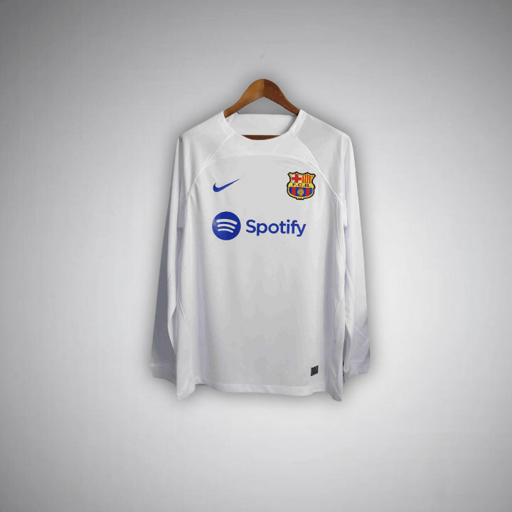 Image of 23/24 FC Barcelona White Long Sleeve Away Kit - Premium Quality Jersey at FootballPrestige.com