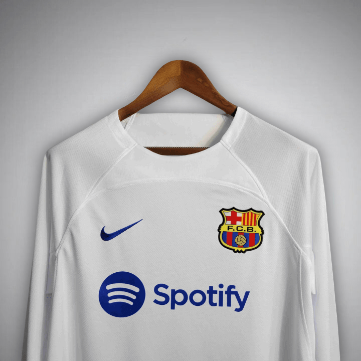 Image of 23/24 FC Barcelona White Long Sleeve Away Kit - Premium Quality Jersey at FootballPrestige.com