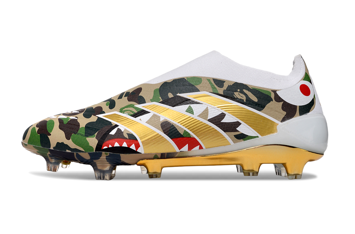Image of Adidas Predator Elite FG Laceless x BAPE football boots side view – exclusive firm ground cleats with laceless design and BAPE camouflage upper.