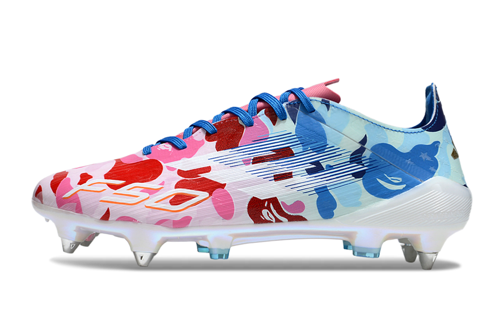 Image of Adidas F50 Elite SG x BAPE Lace football boots side view – special edition soft ground soccer cleats in BAPE camo, designed for ultimate grip in wet conditions.