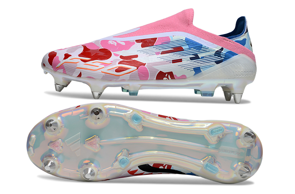 Image of Adidas F50 x BAPE Elite SG Laceless soleplate – metallic finish with SG studs for maximum traction.