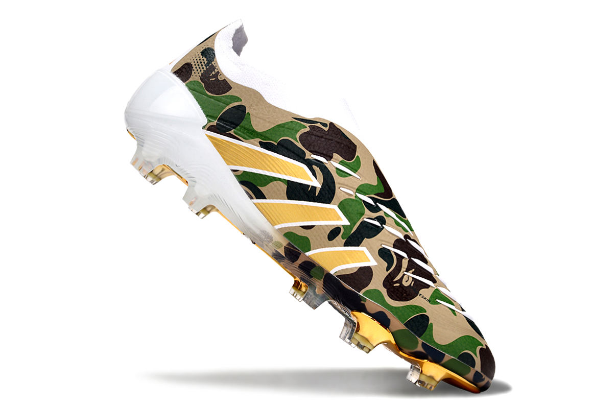 Top view of Adidas Predator Elite FG Laceless x BAPE – streamlined laceless construction for a clean strike zone and precision passing.