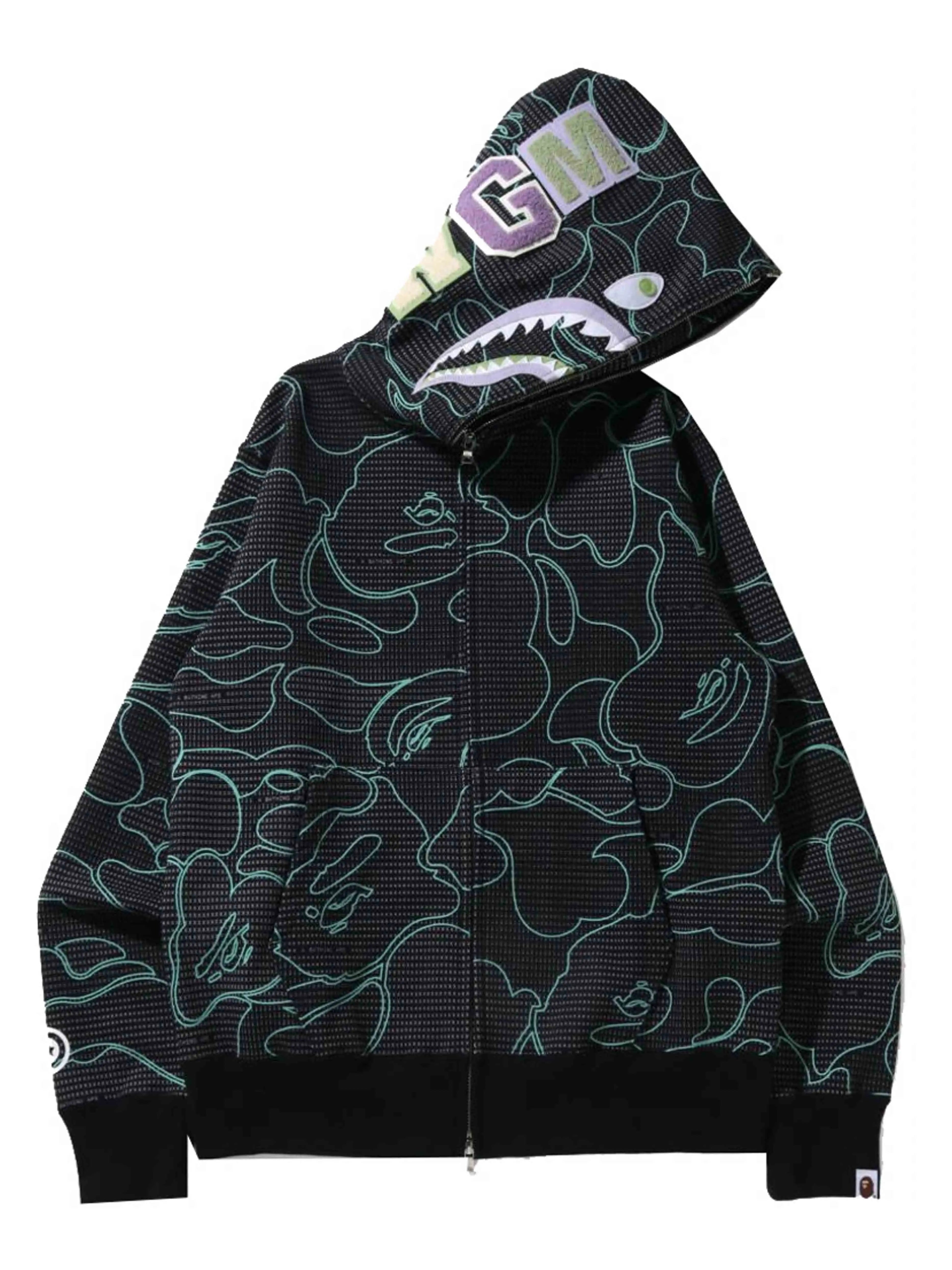 Image of A Bathing Ape Bape Text Code Camo Shark Full Zip Hoodie Black Prior