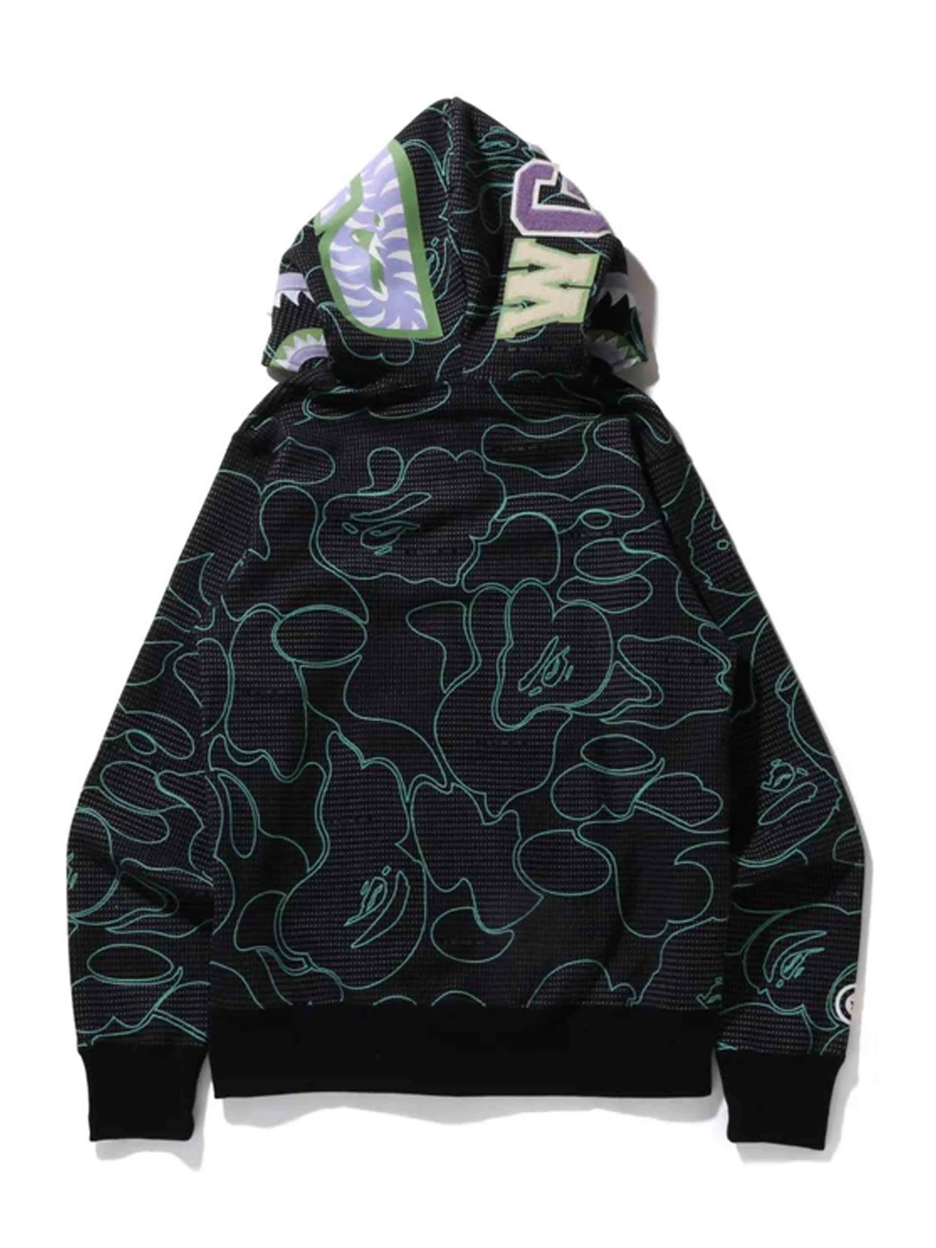 Image of A Bathing Ape Bape Text Code Camo Shark Full Zip Hoodie Black Prior