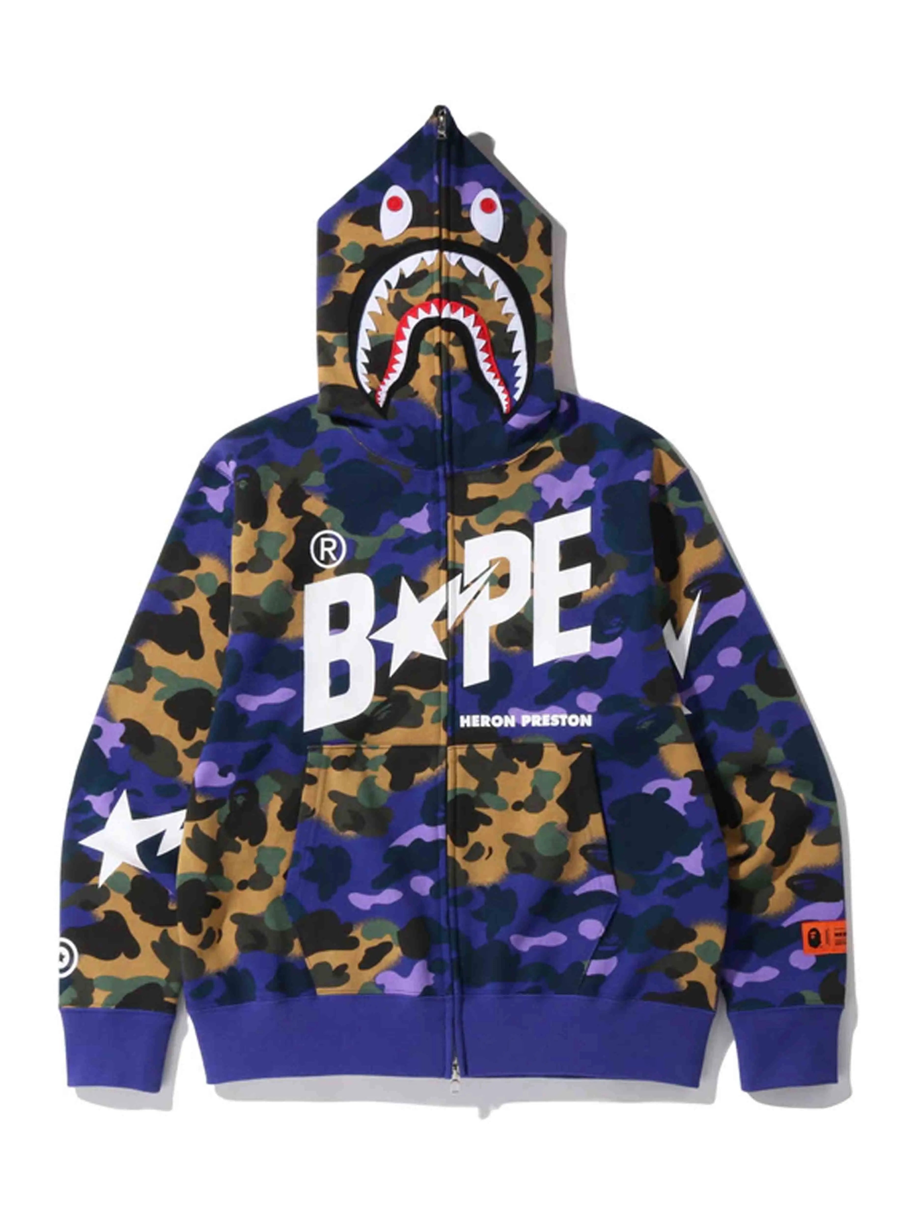 Image of A Bathing Ape Bape x Heron Preston Mix 1st Camo Shark Relaxed Fit Full Zip Hoodie Purple Prior