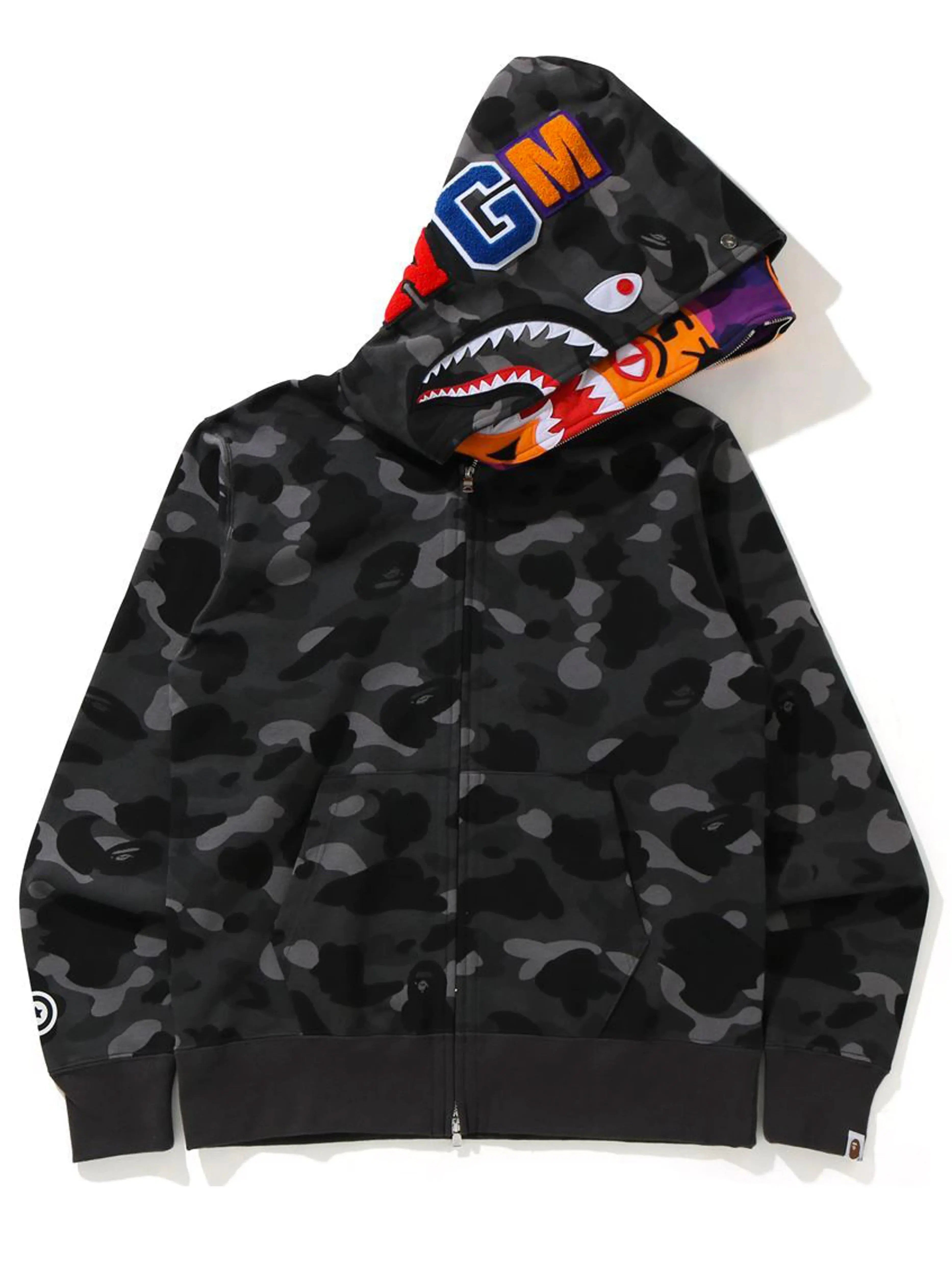 Image of A Bathing Ape Colour Camo Tiger Shark Wide Full Zip Double Hoodie Black (SS21) Prior