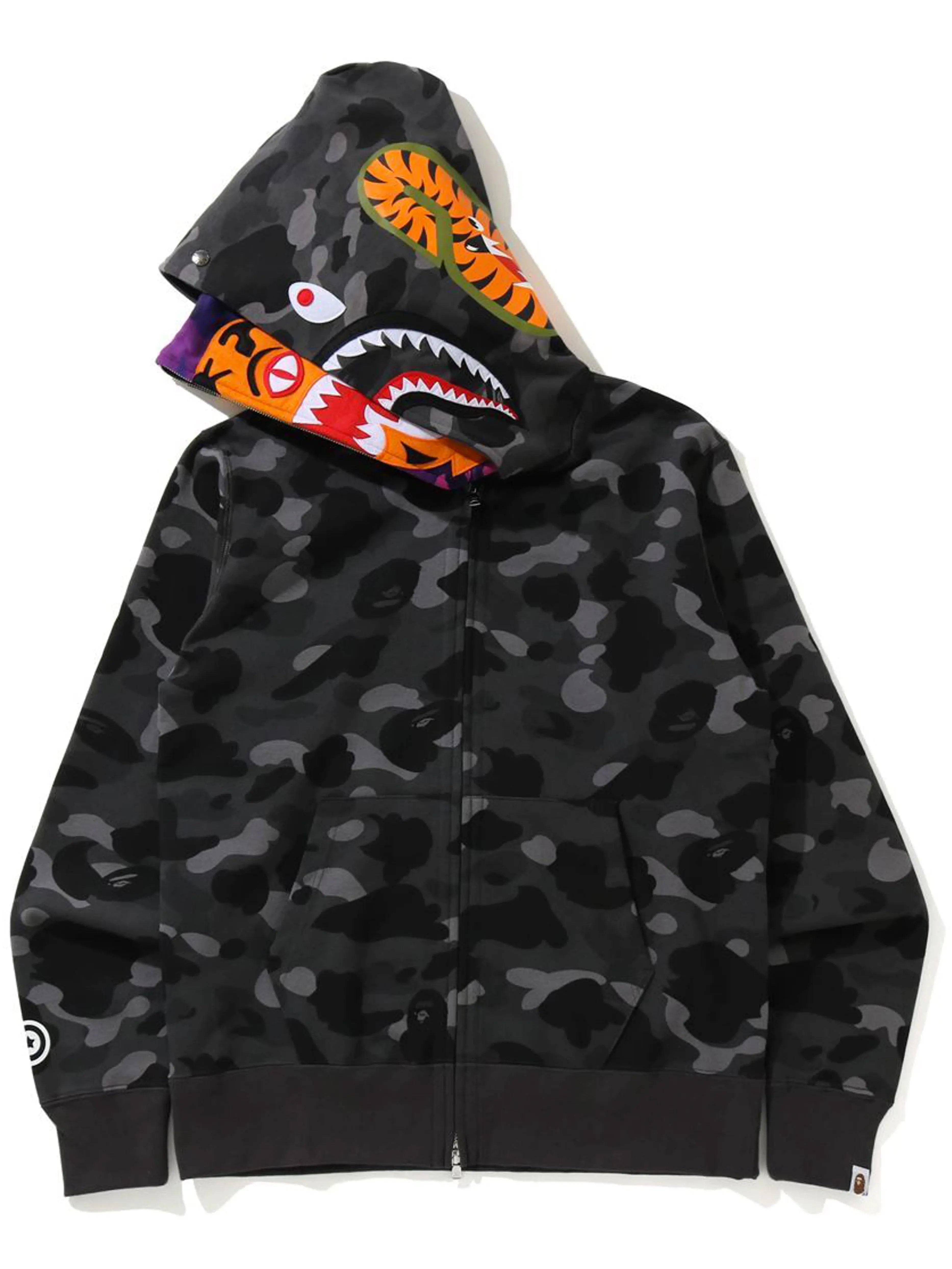 Image of A Bathing Ape Colour Camo Tiger Shark Wide Full Zip Double Hoodie Black (SS21) Prior