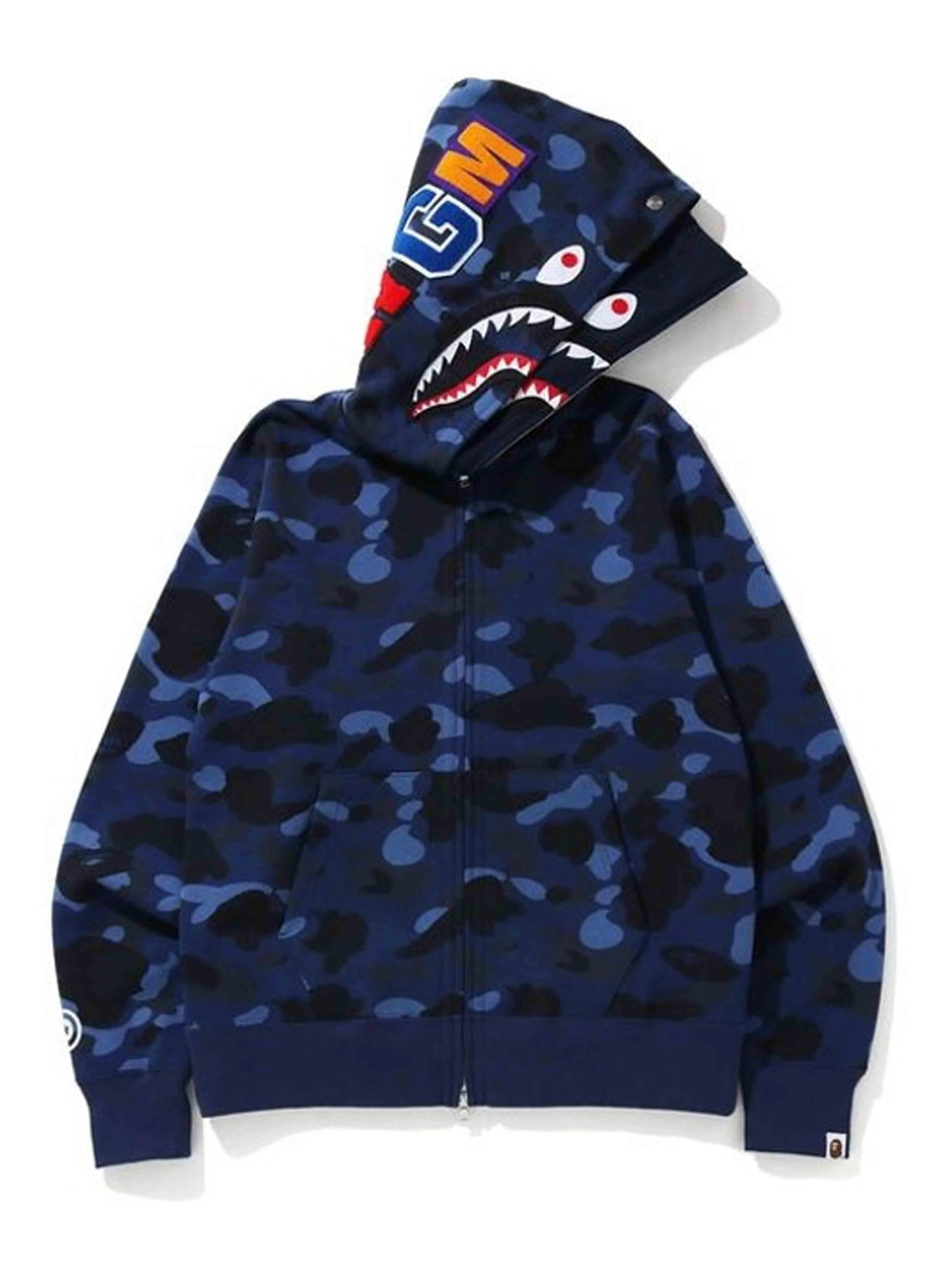 Image of A Bathing Ape Colour Camo Tiger Shark Wide Full Zip Double Hoodie Navy [SS21] Prior