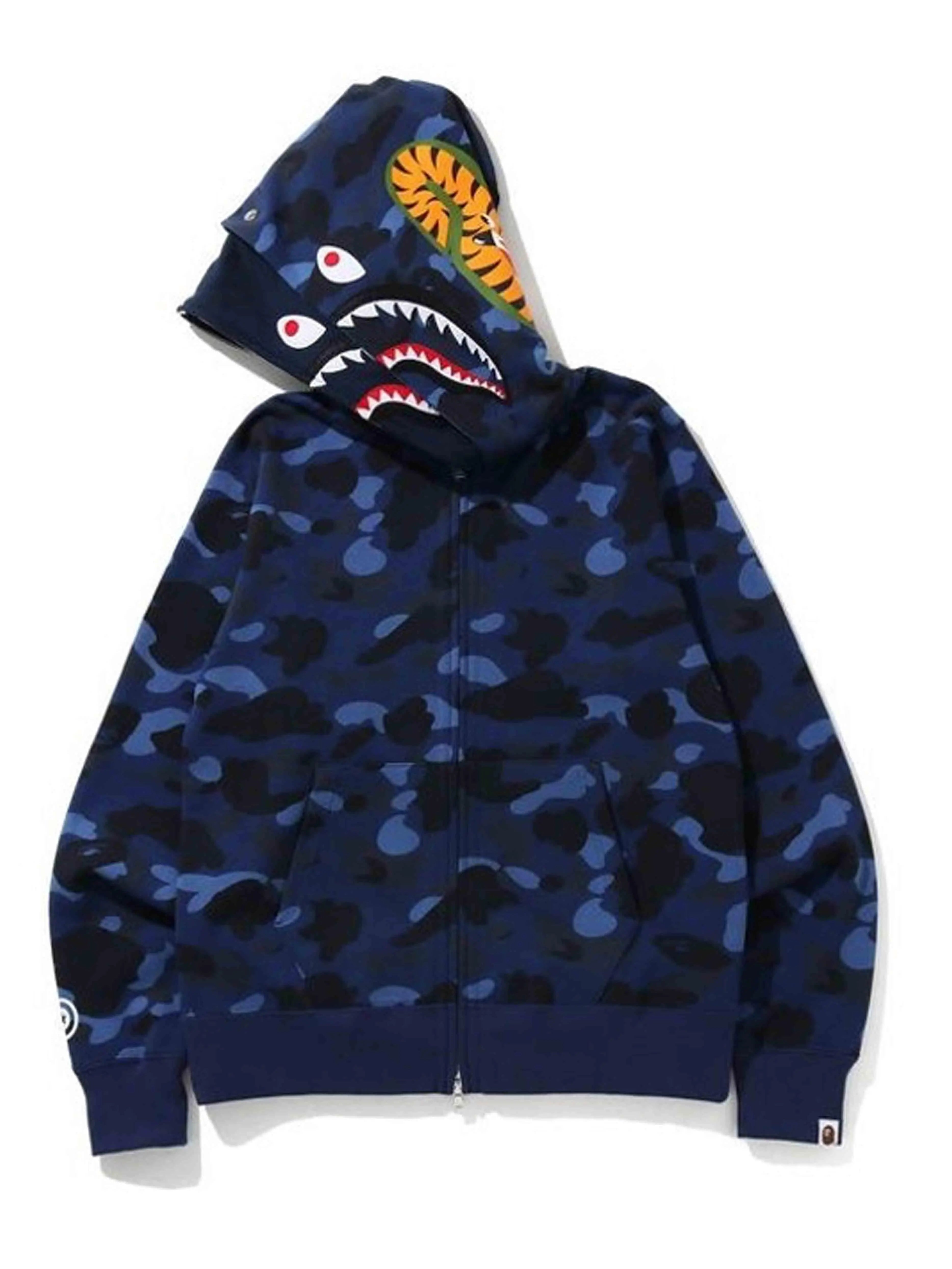 Image of A Bathing Ape Colour Camo Tiger Shark Wide Full Zip Double Hoodie Navy [SS21] Prior