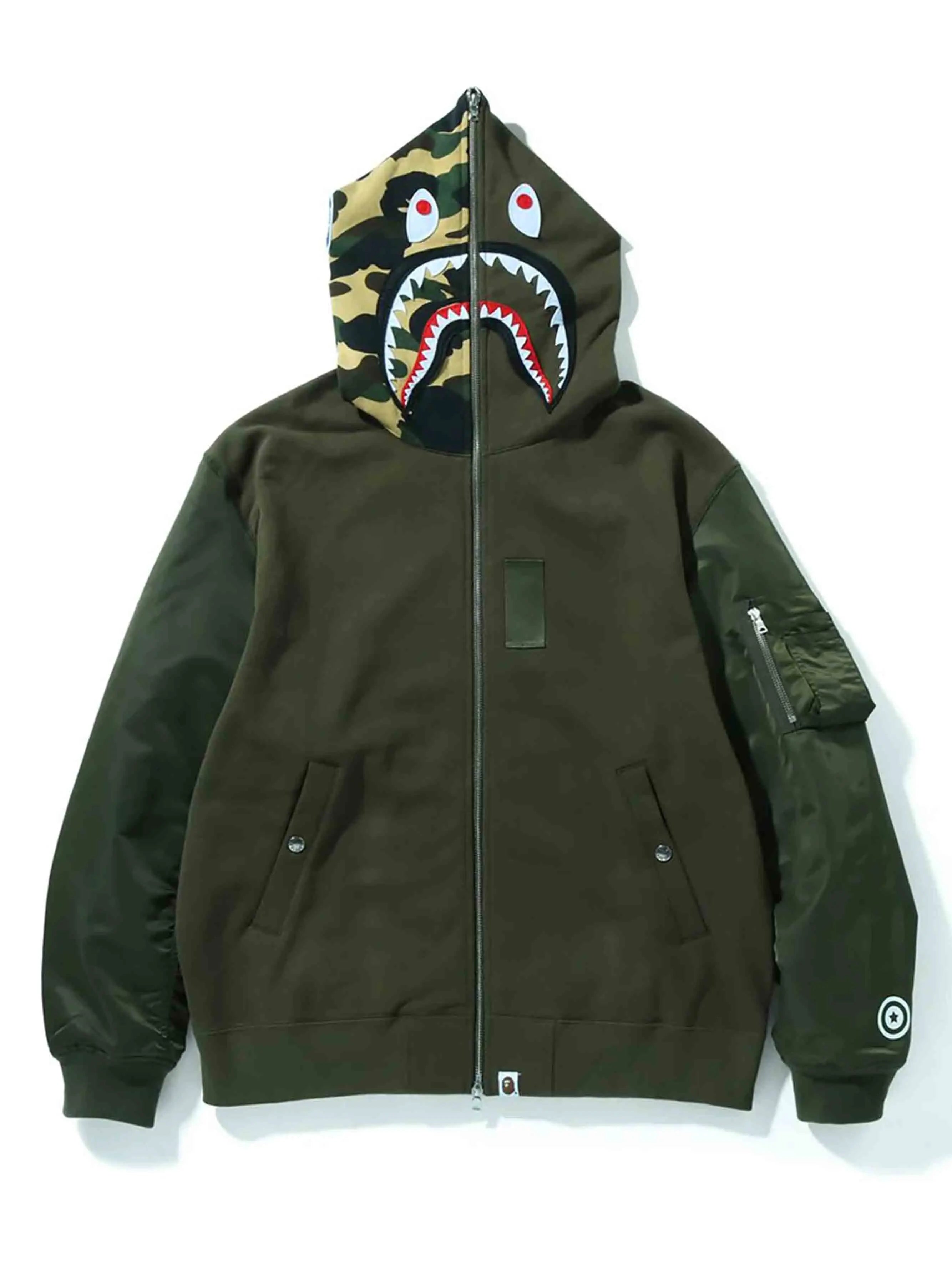 Image of A Bathing Ape Military Shark Relaxed Fit Full Zip Hoodie Olive Prior