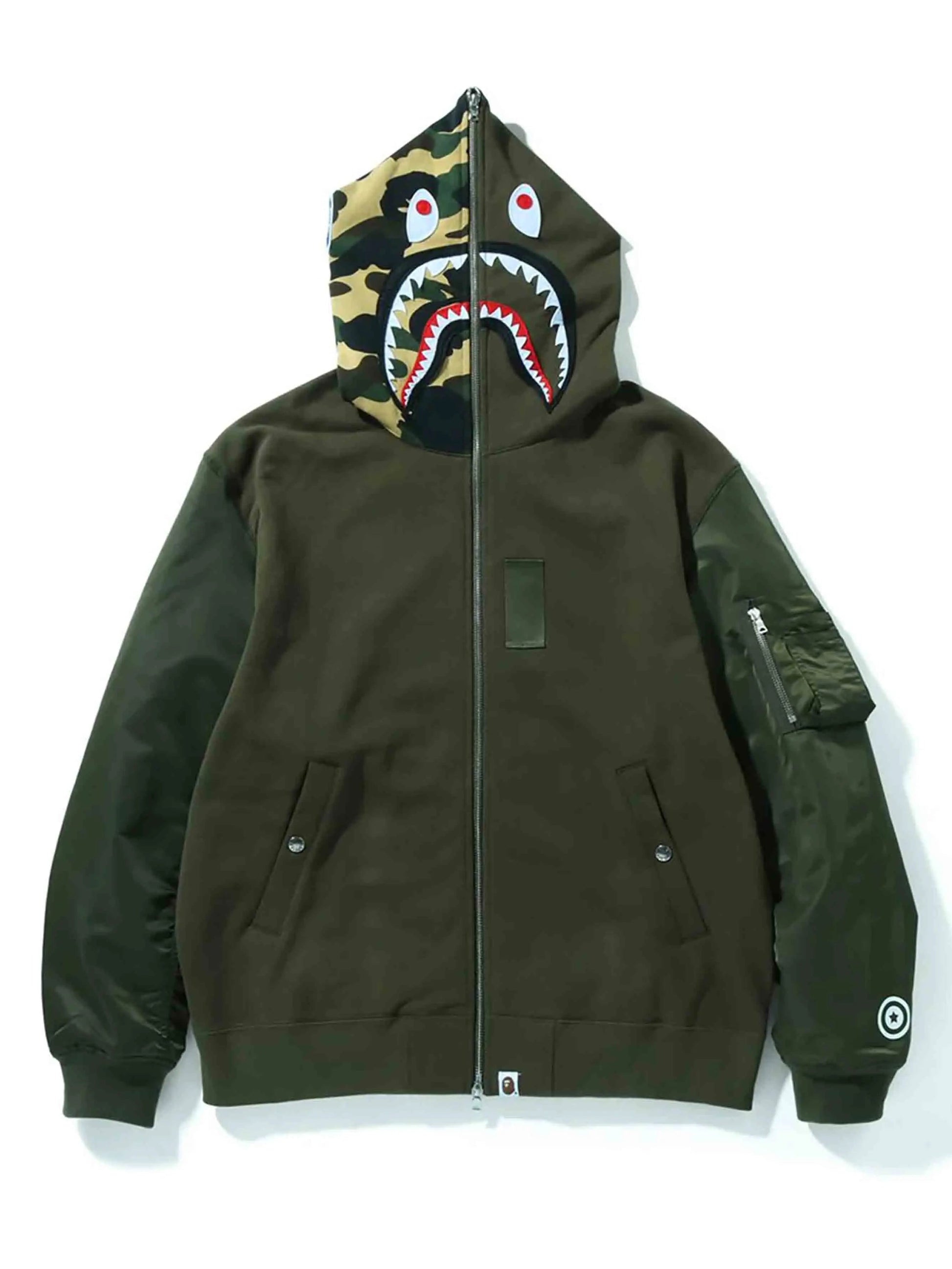 A Bathing Ape Military Shark Relaxed Fit Full Zip Hoodie Olive Prior