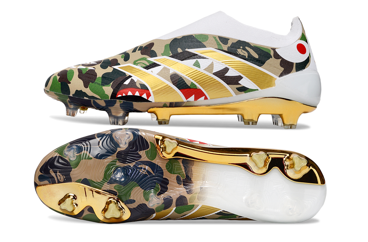 Image of Close-up of Adidas Predator Elite FG Laceless x BAPE upper – showcasing grip elements, camo detailing, and premium Predator craftsmanship.