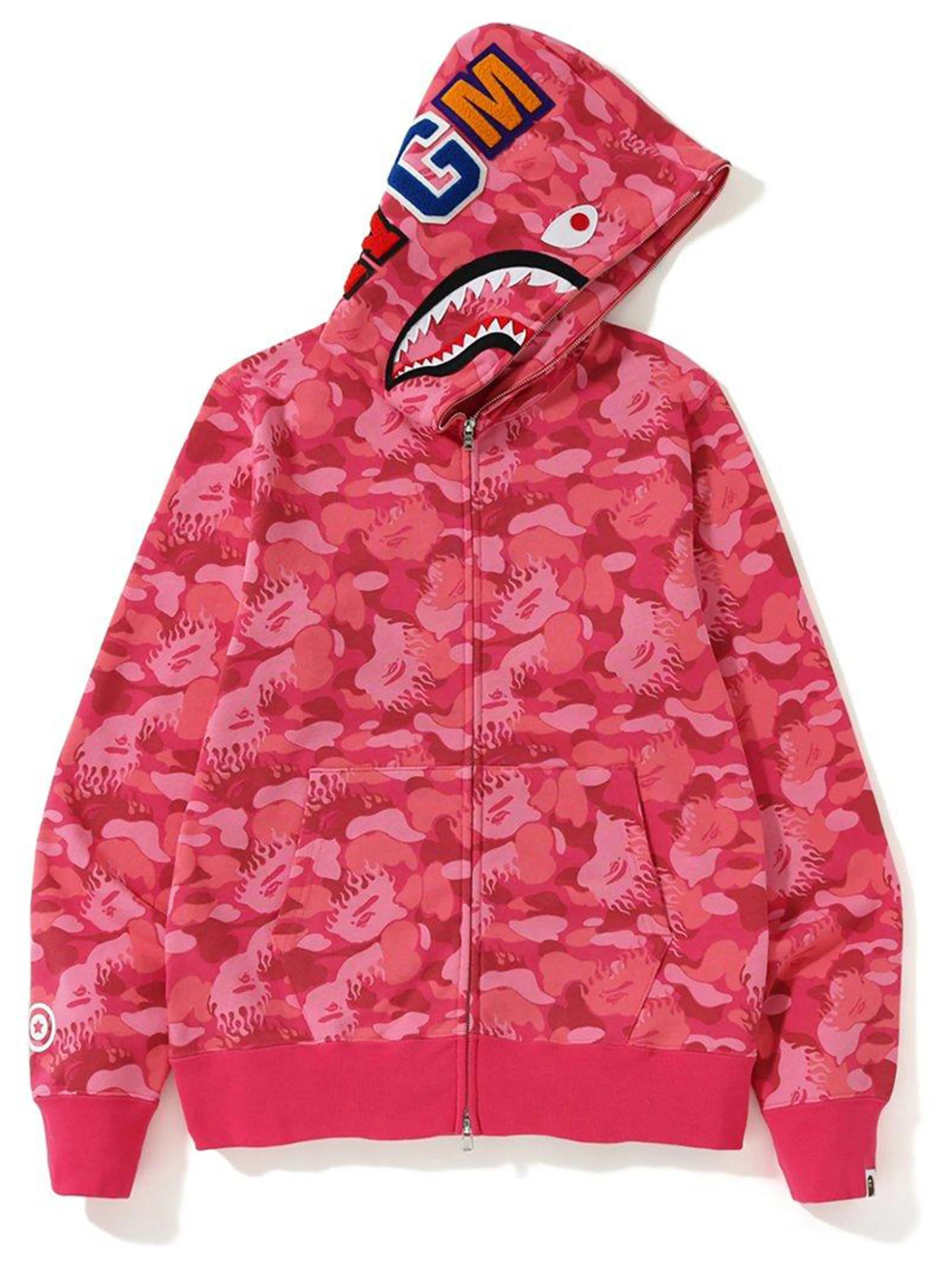 Image of Bape Fire Camo Shark Full Zip Hoodie Pink [SS19] Prior