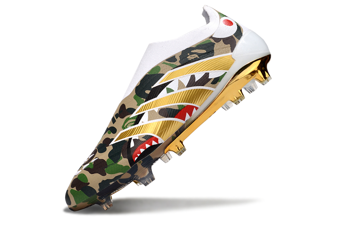 Image of Adidas Predator Elite FG Laceless x BAPE heel detail – featuring BAPE’s ape head logo and Adidas branding in a limited-edition collaboration.