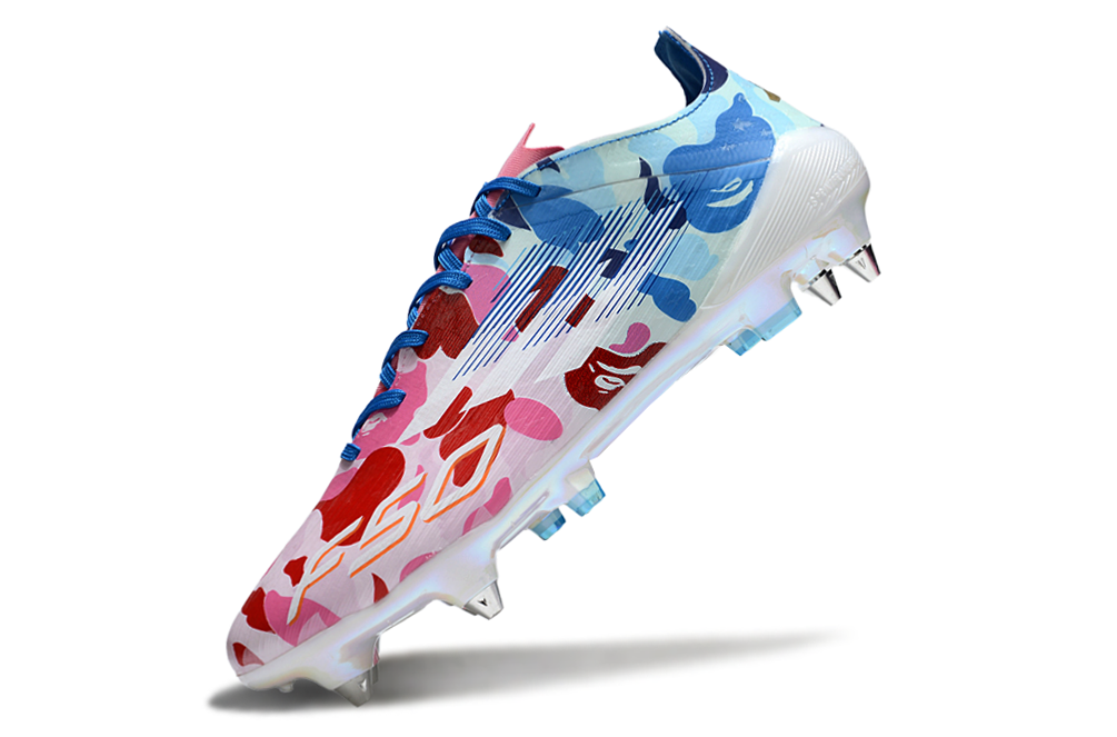 Image of Adidas F50 Elite SG x BAPE Lace heel detail – bold Adidas x BAPE collaboration featuring metallic accents and ape head logo.