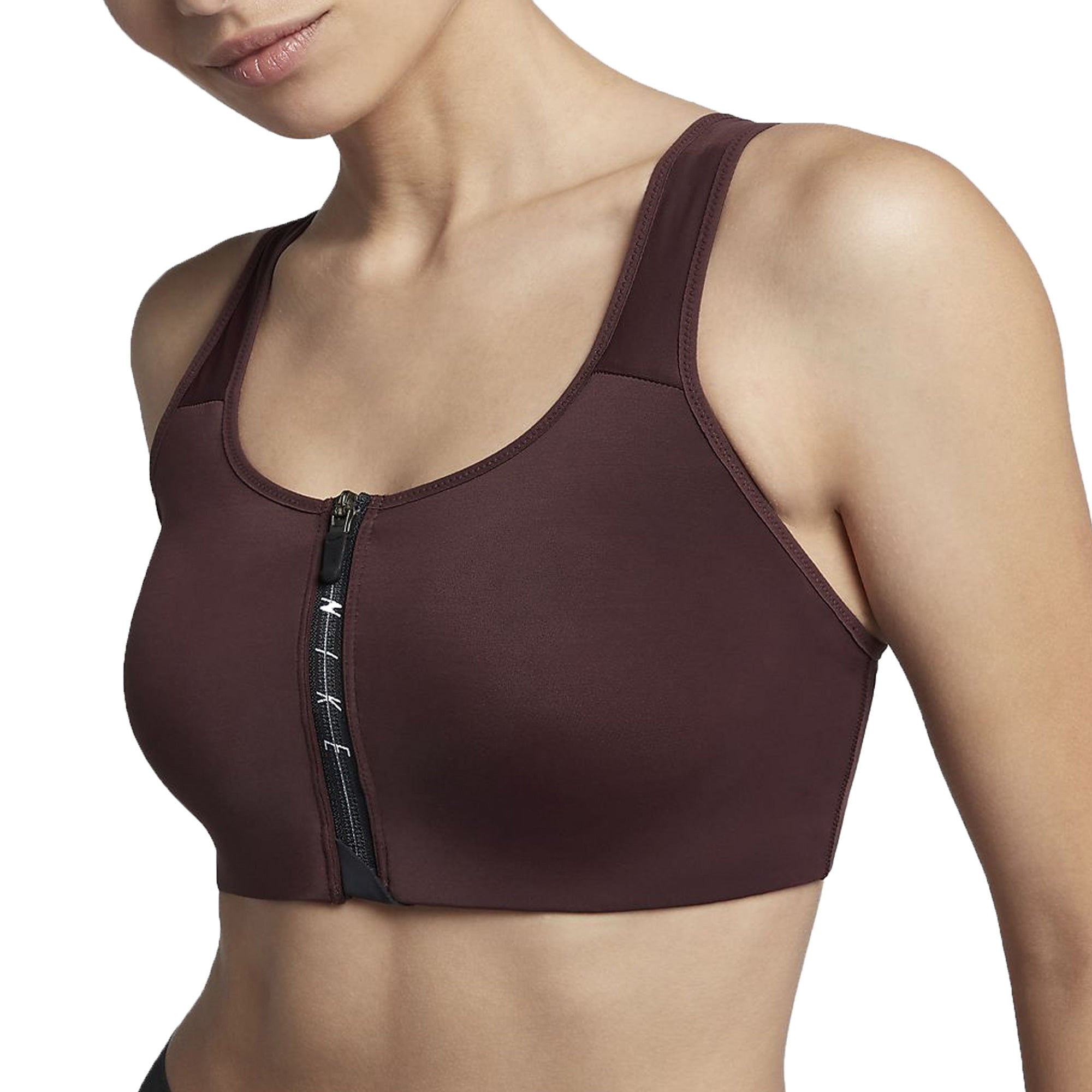 Image of Nike Womens Shape Zip Sports Bra Burgundy Crush/Black Front
