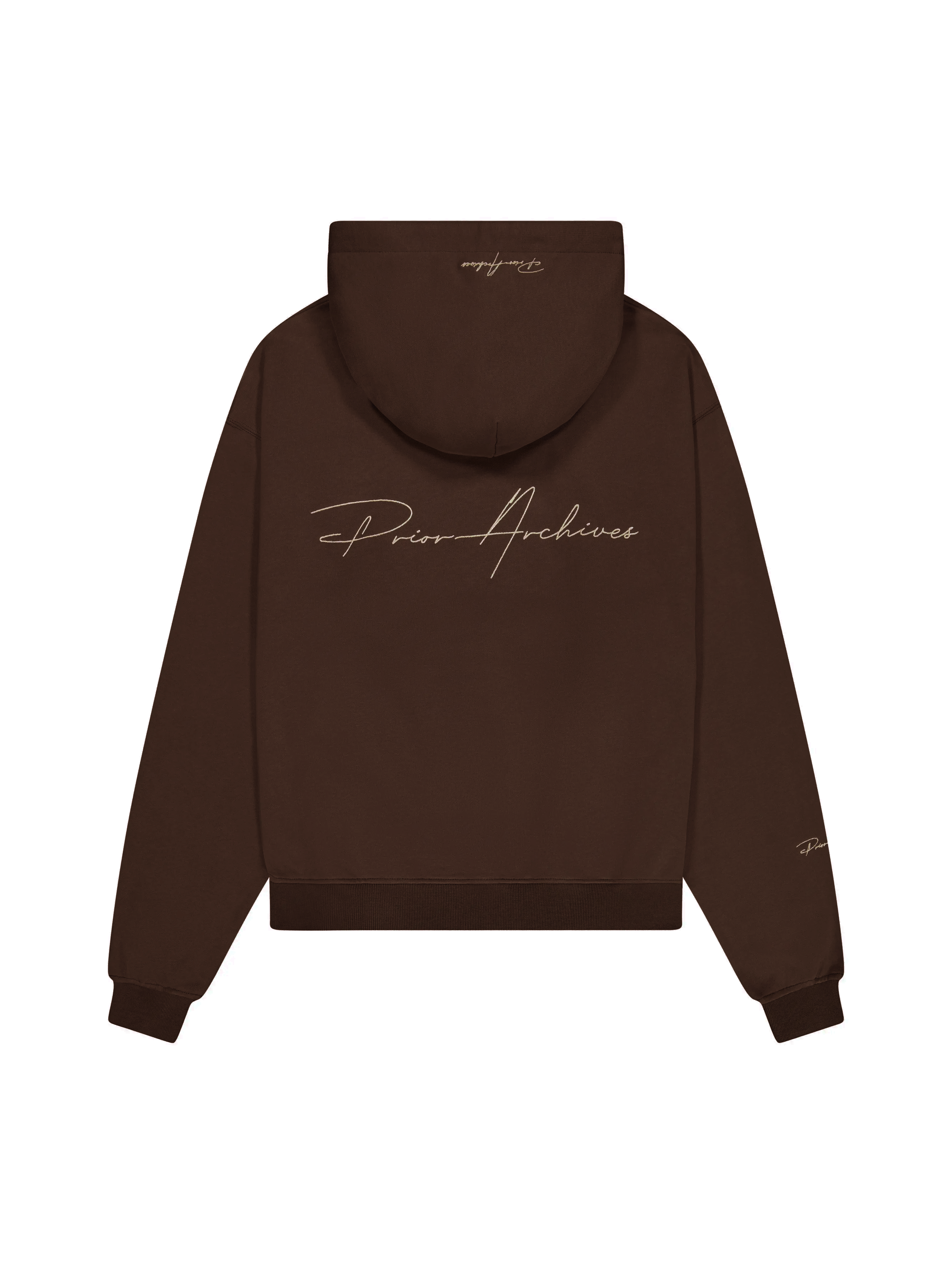 Image of Prior Embroidery Logo Oversized Cropped Hoodie Cocoa - Prior