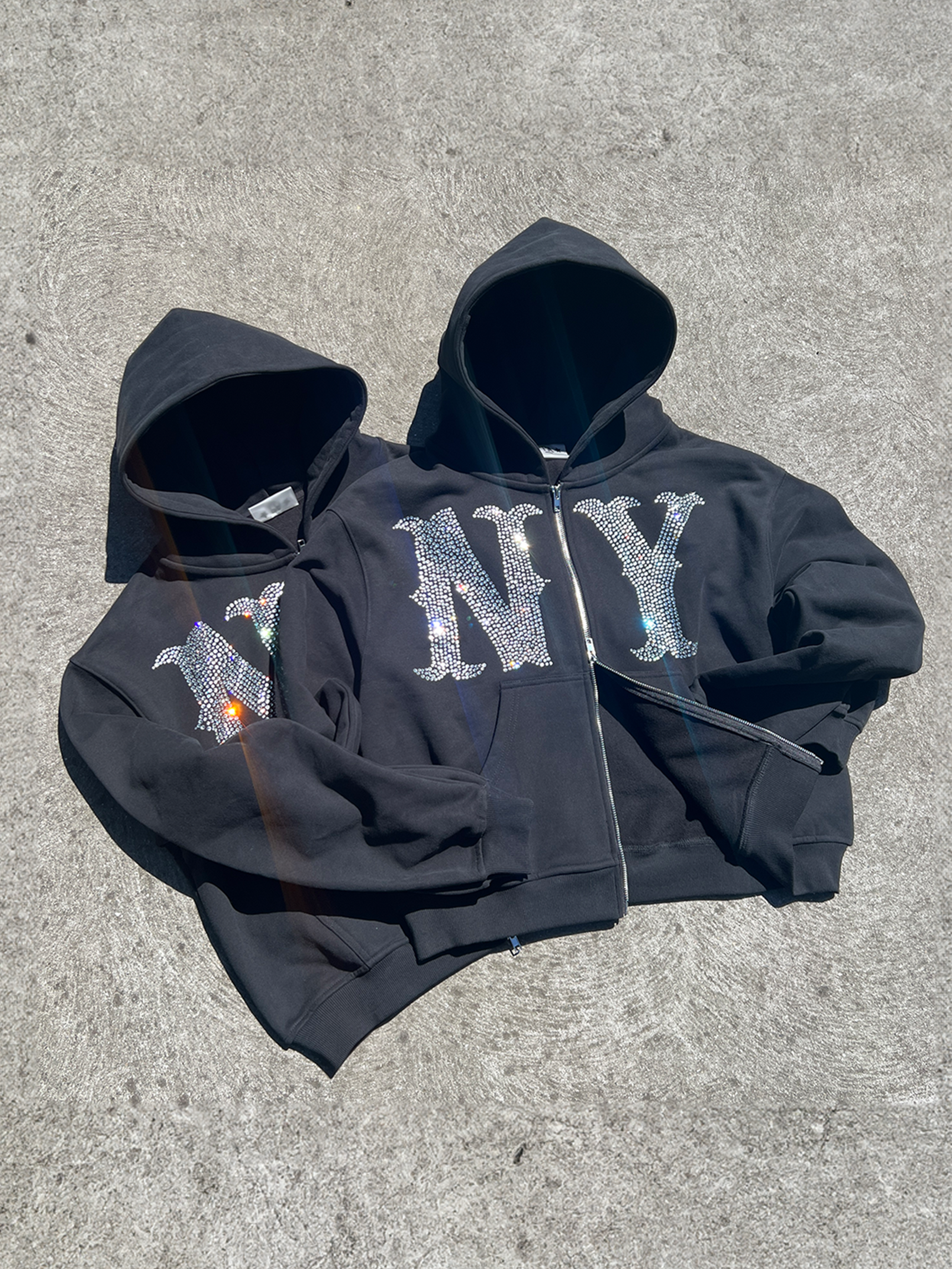 Image of Prior NY Rhinestone Logo Oversized Cropped Zip Up Hoodie Onyx