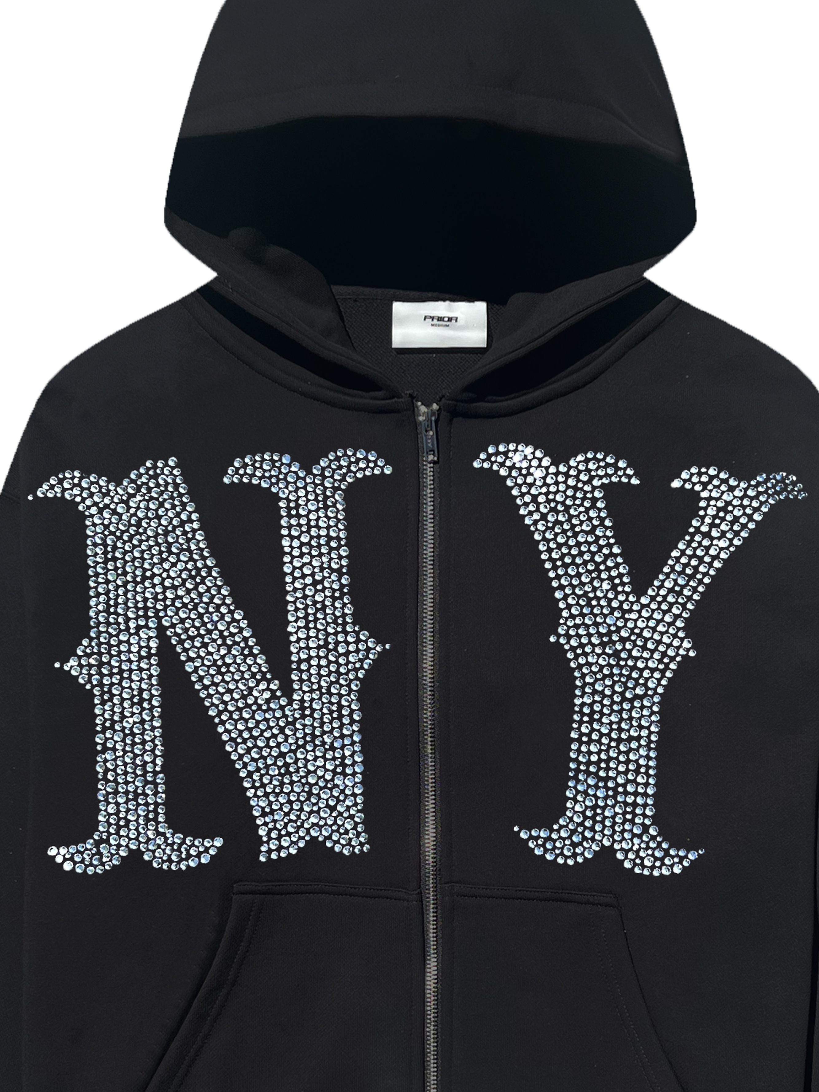 Image of Prior NY Rhinestone Logo Oversized Cropped Zip Up Hoodie Onyx - Prior