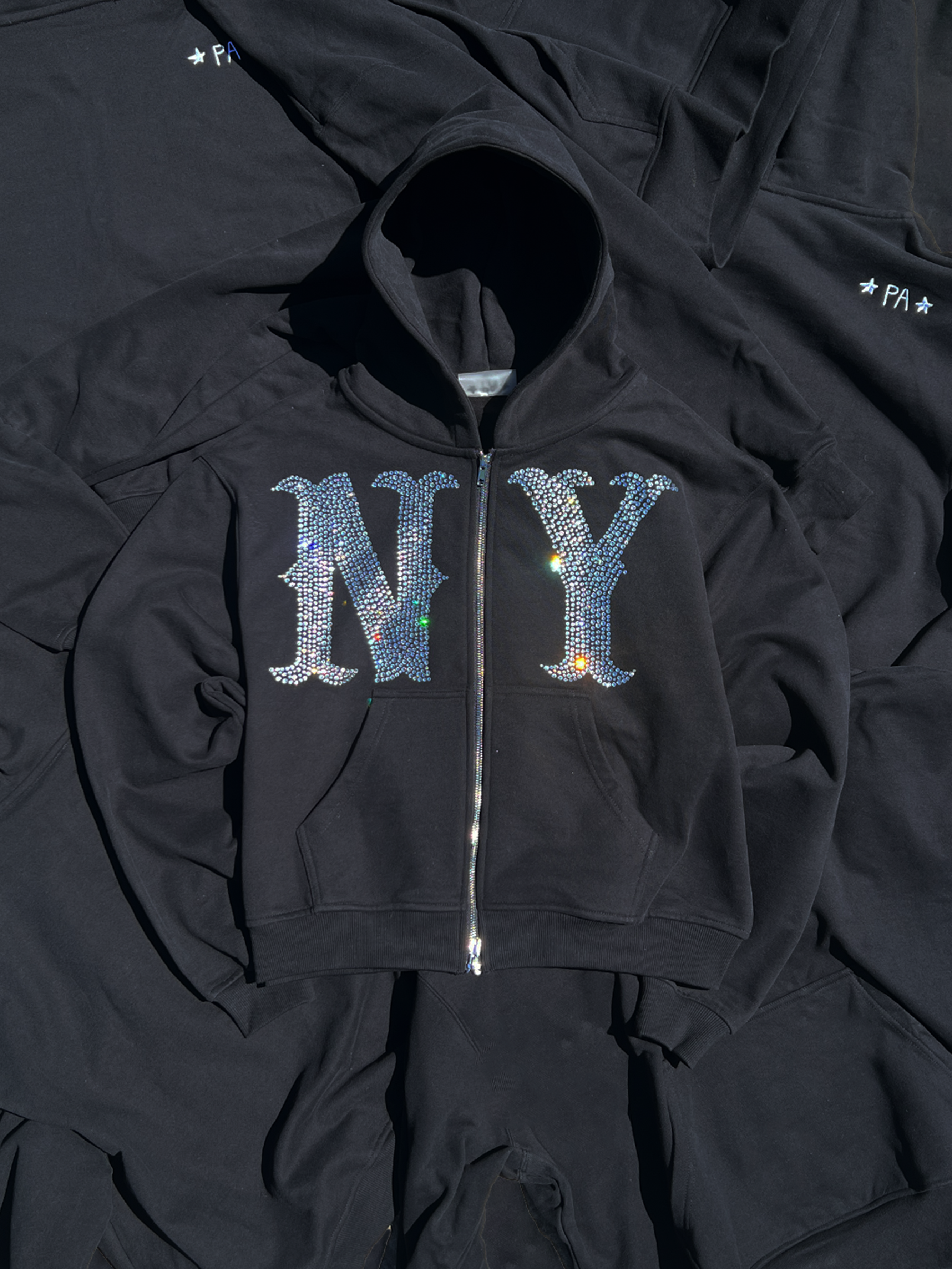 Image of Prior NY Rhinestone Logo Oversized Cropped Zip Up Hoodie Onyx