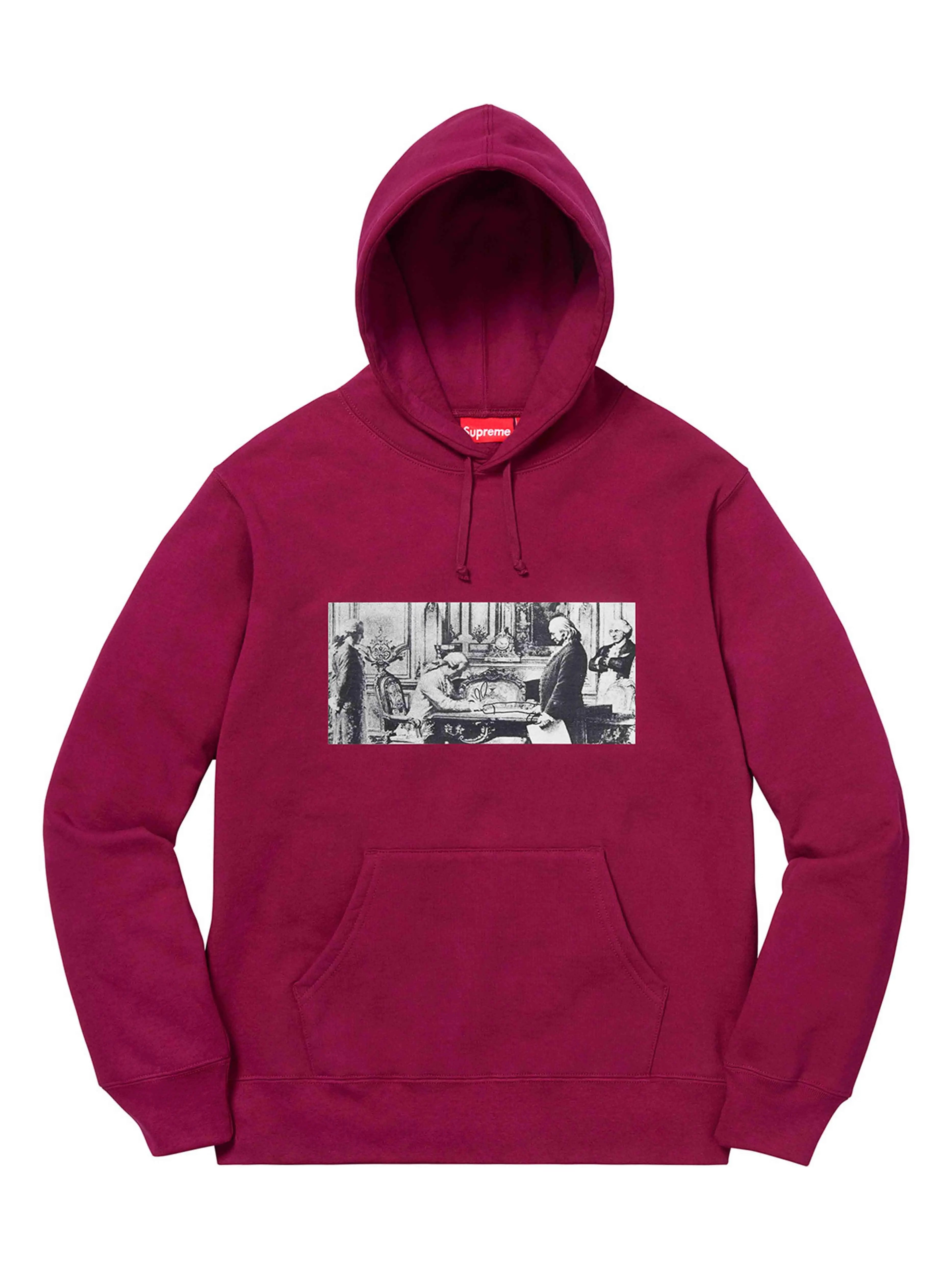 Image of Supreme X Mike Kelley Franklin Signing the Treaty of Alliance Hoodie Dark Magenta [FW18] Supreme
