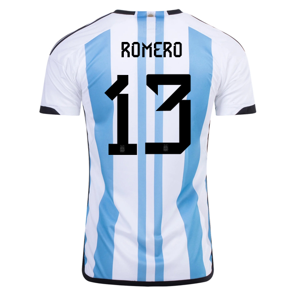 Image of adidas Argentina Cristian Romero Three Star Home Jersey w/ World Cup Champion Pa