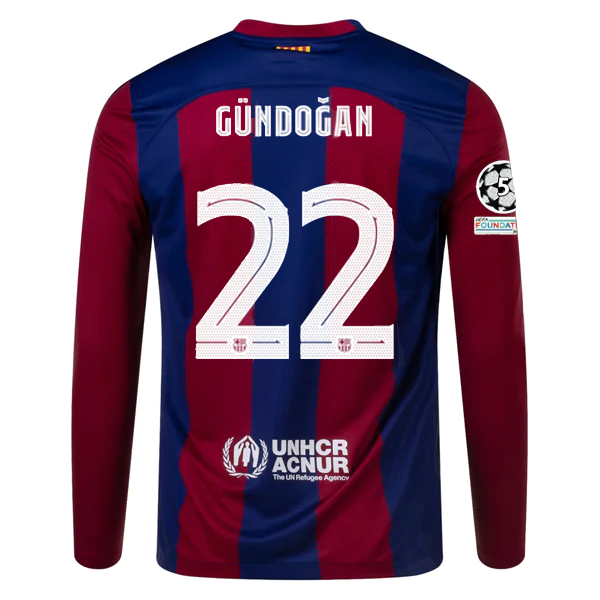 Image of Nike Barcelona Home Ilkay Gundogan Long Sleeve Jersey w/ Champions League Patche