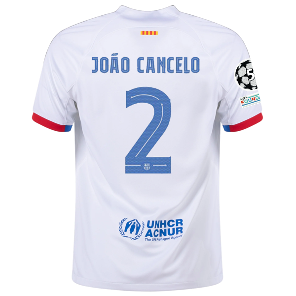 Image of Nike Barcelona João Cancelo Away Jersey w/ Champions League Patches 23/24 (White