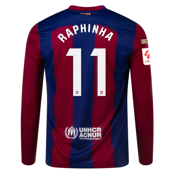 Image of Nike Barcelona Raphinha Home Long Sleeve Jersey 23/24 w/ La Liga Champions Patch