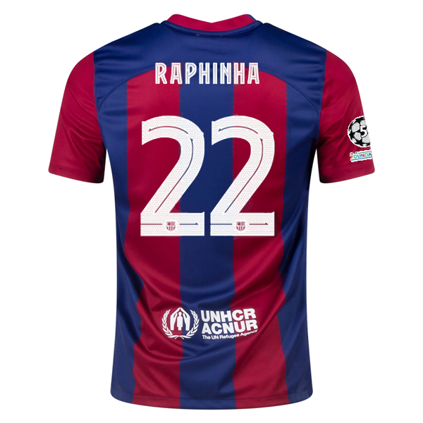 Nike Barcelona Raphinha Heimtrikot 23/24 mit Champions League-Aufnähern (Noble Red
