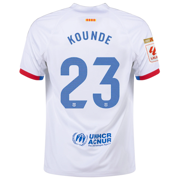 Nike Barcelona Jules Kounde Away Jersey w/ La Liga Champions Patches 23/24 (Whit