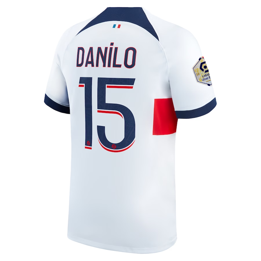 Image of Nike Paris Saint-Germain Danilo Away Jersey w/ Ligue 1 Patch 23/24 (White/Midnig