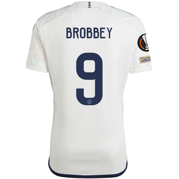 Image of adidas Ajax Brian Brobbey Away Jersey w/ Europa League Patches 23/24 (Core White