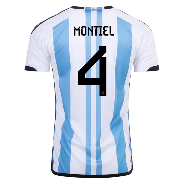 Image of adidas Argentina Gonzalo Montiel Three Star Home Jersey w/ World Cup Champion Pa