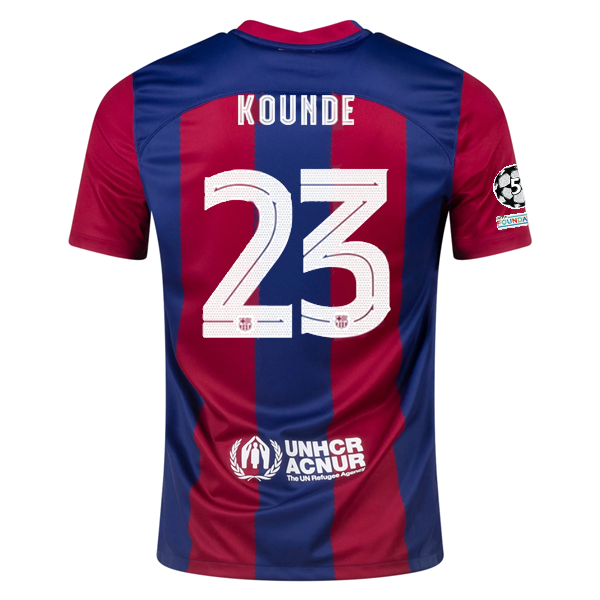 Nike Barcelona Jules Kounde Home Jersey 23/24 w/ Champions League Patches (Noble