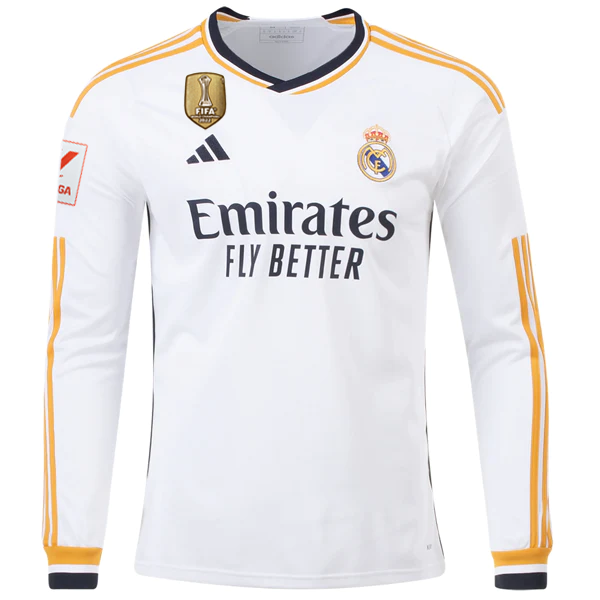 Image of adidas Real Madrid Long Sleeve Home Jersey w/ La Liga + Club world Cup Champion