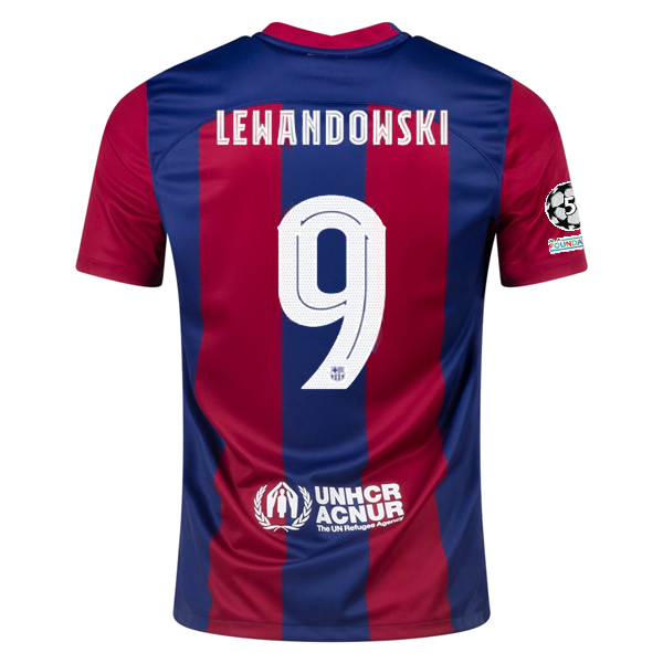 Image of Nike Barcelona Robert Lewandowski Home Jersey 23/24 w/ Champions League Patches