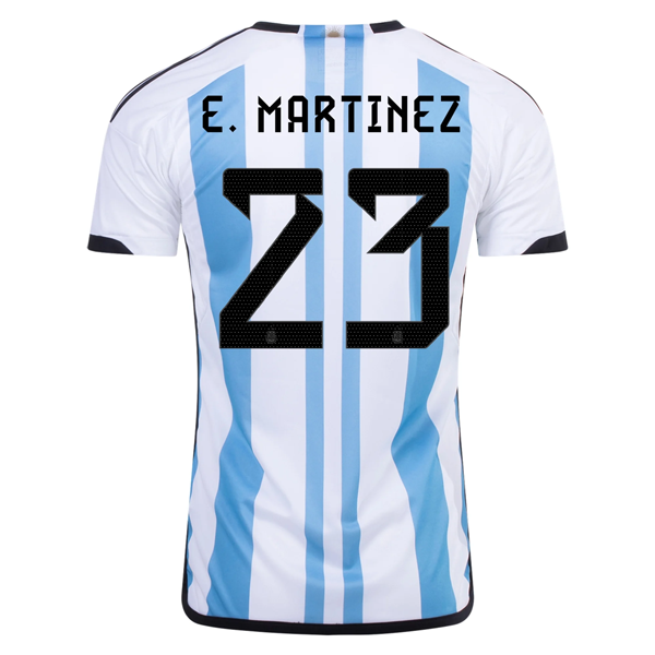 Image of adidas Argentina Emiliano Martinez Three Star Home Jersey w/ World Cup Champion