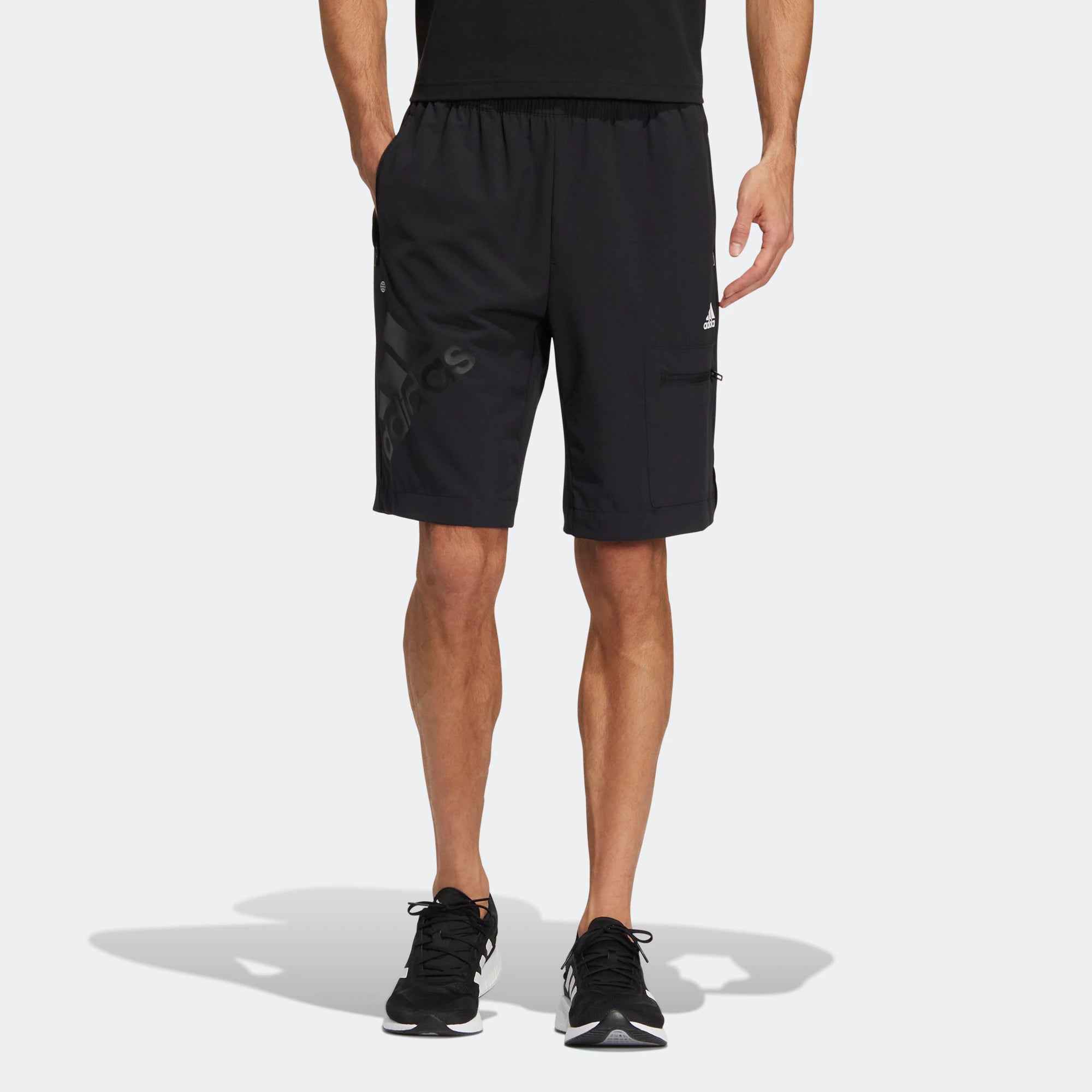 Image of Men's adidas Solid Color Logo Printing Straight Sports Shorts Black HE7421