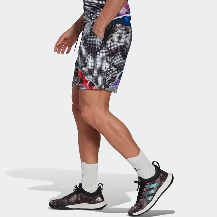 Image of Men's adidas Pattern Full Print Casual Tennis Sports Shorts Gray HG6420