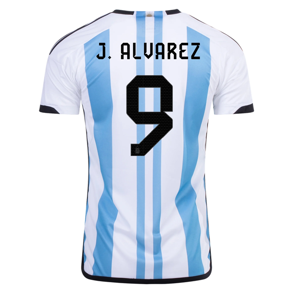 Image of adidas Argentina Julian Alvarez Three Star Home Jersey w/ World Cup Champion Pat