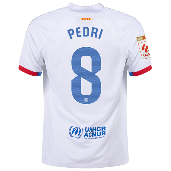 Nike Barcelona Pedri Away Jersey w/ La Liga Champions Patches 23/24 (White/Royal