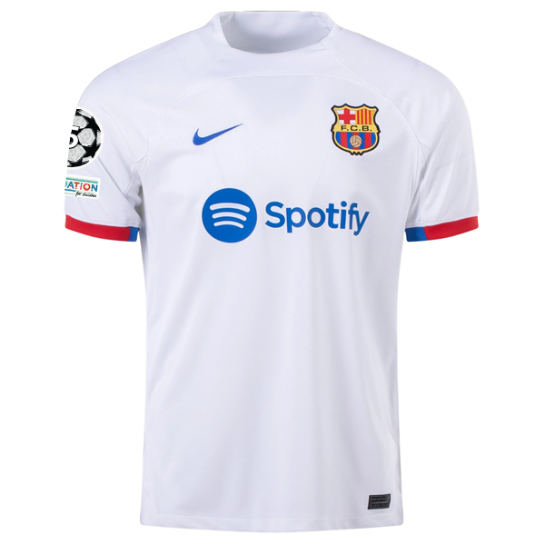 Image of Nike Barcelona Ronald Araujo Away Jersey w/ Champions League Patches 23/24 (Whit