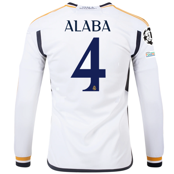 Image of adidas Real Madrid Long Sleeve David Alaba Home Jersey w/ Champions League + Clu