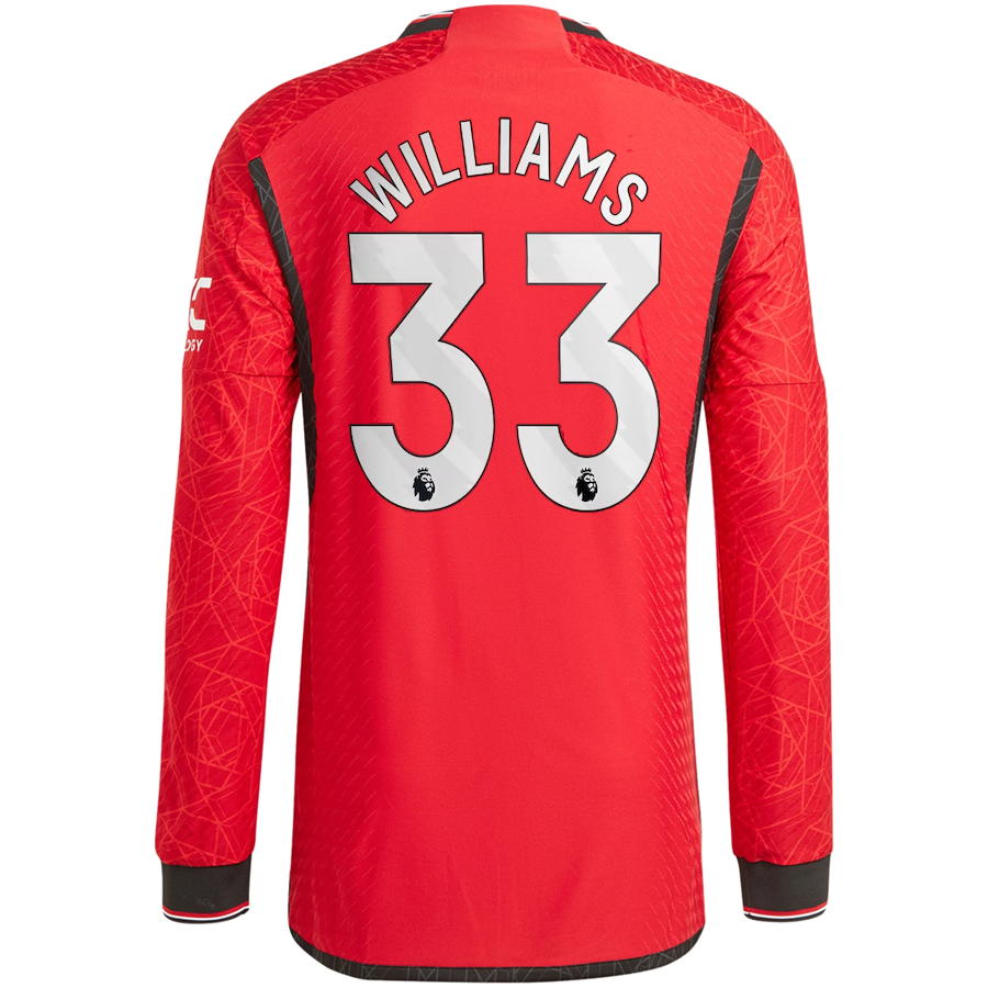 Image of adidas Manchester United Authentic Brandon Williams Long Sleeve Home Jersey w/ E