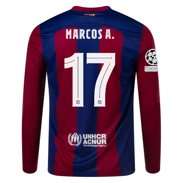 Image of Nike Barcelona Home Marcos Alonso Long Sleeve Jersey w/ Champions League Patches