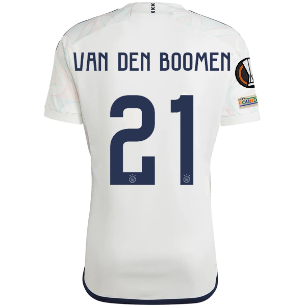 adidas Ajax Branco van den Boomen Auswärtstrikot mit Europa-League-Aufnähern 23/24 (Co