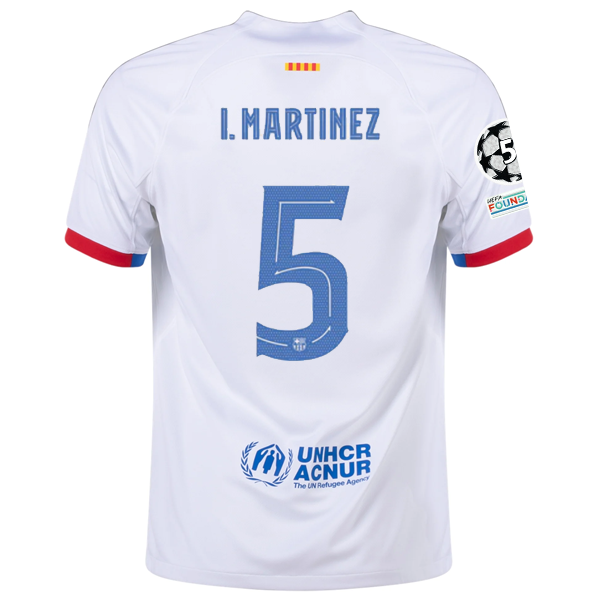 Image of Nike Barcelona Iñigo Martinez Away Jersey w/ Champions League Patches 23/24 (Whi