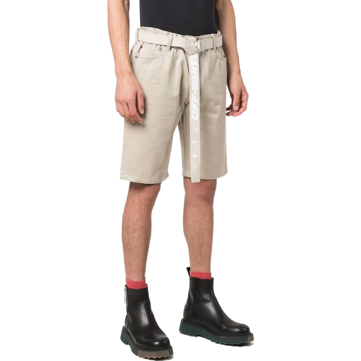 Men's OFF-WHITE Solid Color Waist Button Straight Cotton Shorts Creamy White OMY