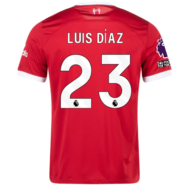 Nike Liverpool Luis Diaz Home Jersey w/ EPL + No Room For Racism Patches 23/24 (